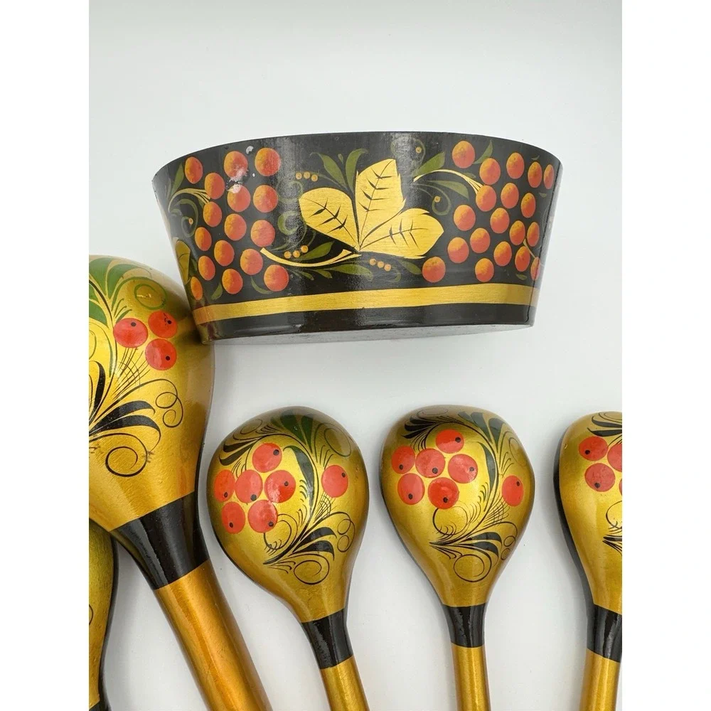 Vintage Russian Wooden‎ Khokhloma Spoons and bowl,  Hand-Painted, Lacquer Set
